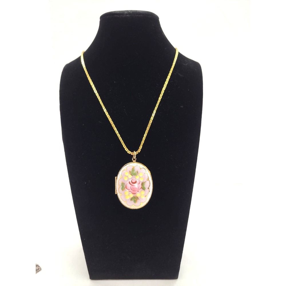 Vintage Gold‎ Tone Enamel Locket Pendant Hand Painted Red Rose &  Gold Accent